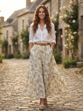NWT Laura Ashley Linen Blend Floral Tiered Maxi Skirt Size Small Cottagecore